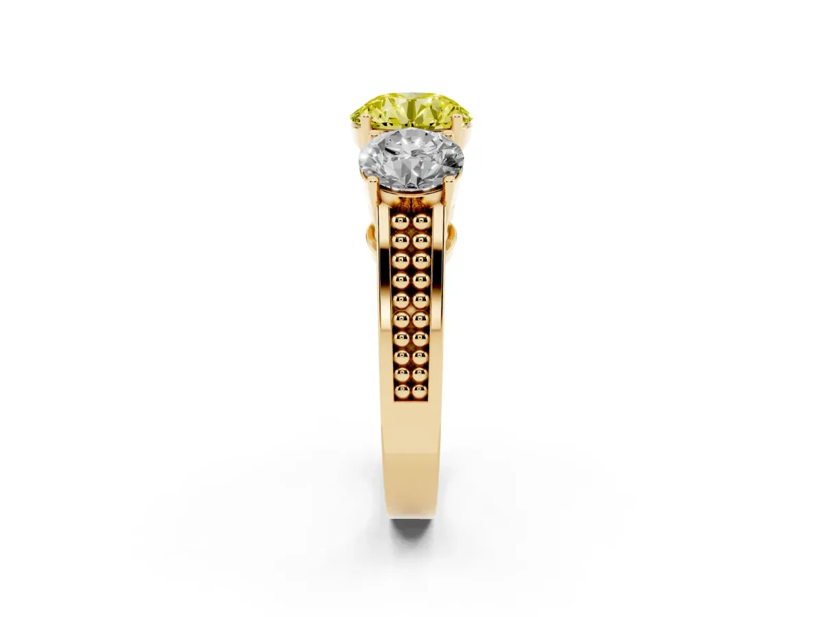 Fancy Yellow Round Cut Diamond Three-Stone Ring with Prong Setting and Textured Band Yellow gold
