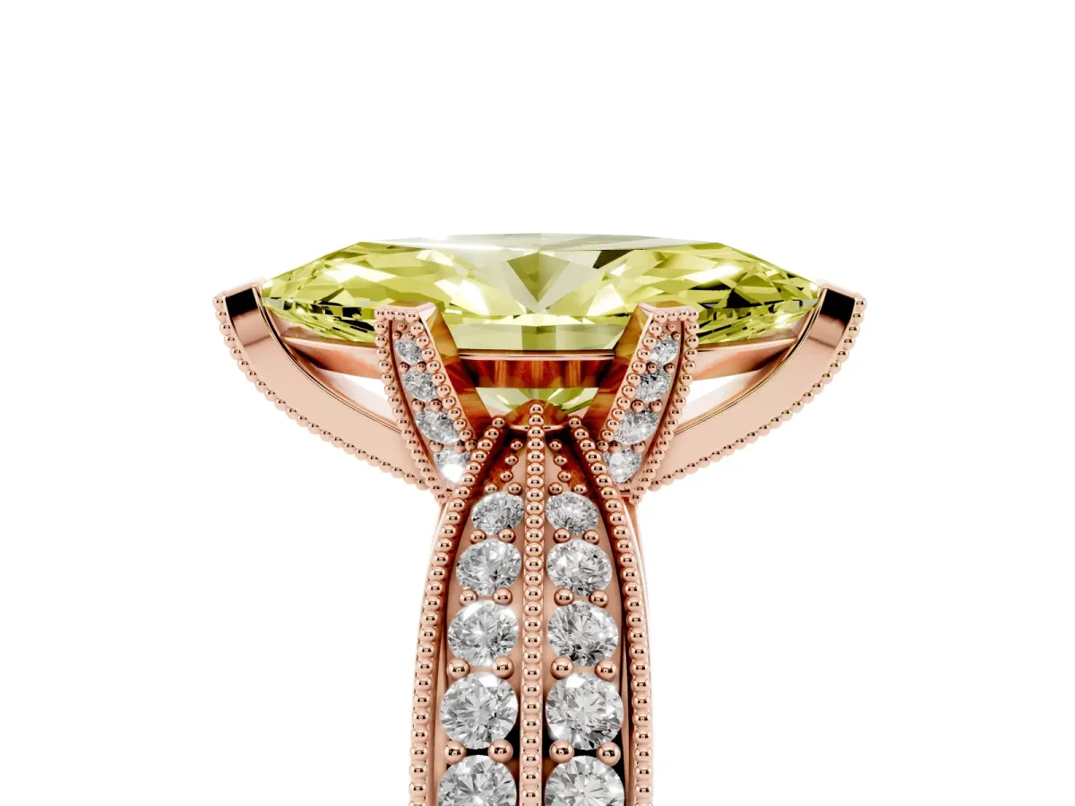 Fancy Yellow Marquise Cut Diamond Solitaire Ring with Milgrain Round Pavé Band and Prong Setting Rose gold