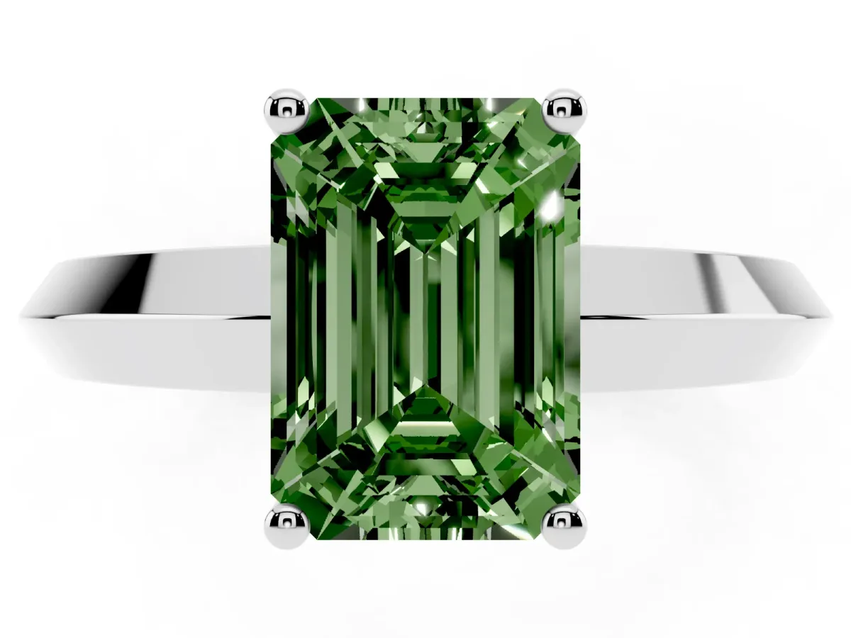 Fancy Green Emerald Cut Cut Solitaire Engagement Ring with Flat Band and Four-Prong Setting Silver