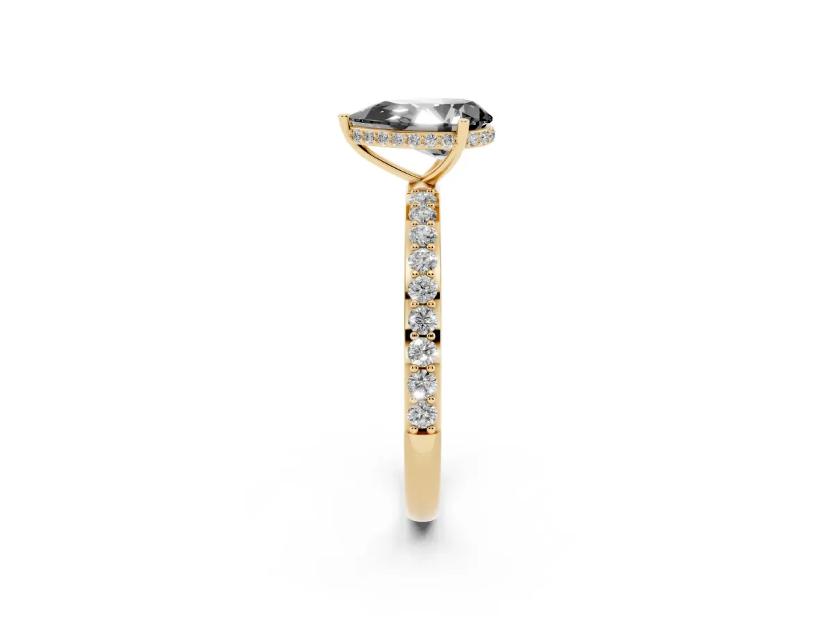 Fancy Black Pear Cut Diamond Solitaire Ring with Pavé Band and Hidden Halo Yellow gold