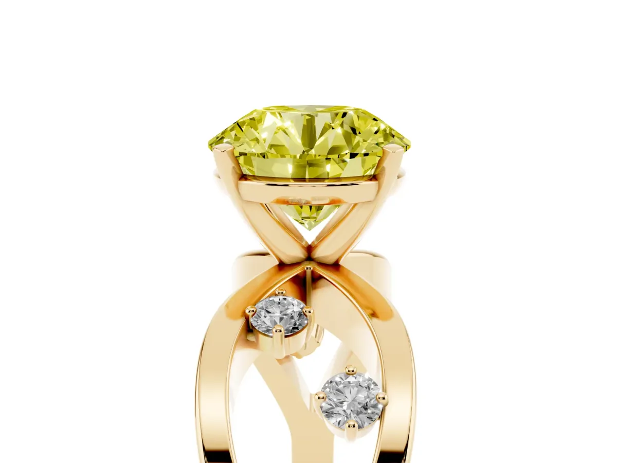 Fancy Yellow Round Cut Cut Solitaire Diamond with Side Stones on Criss-Cross Band and Four-Prong Setting Yellow gold