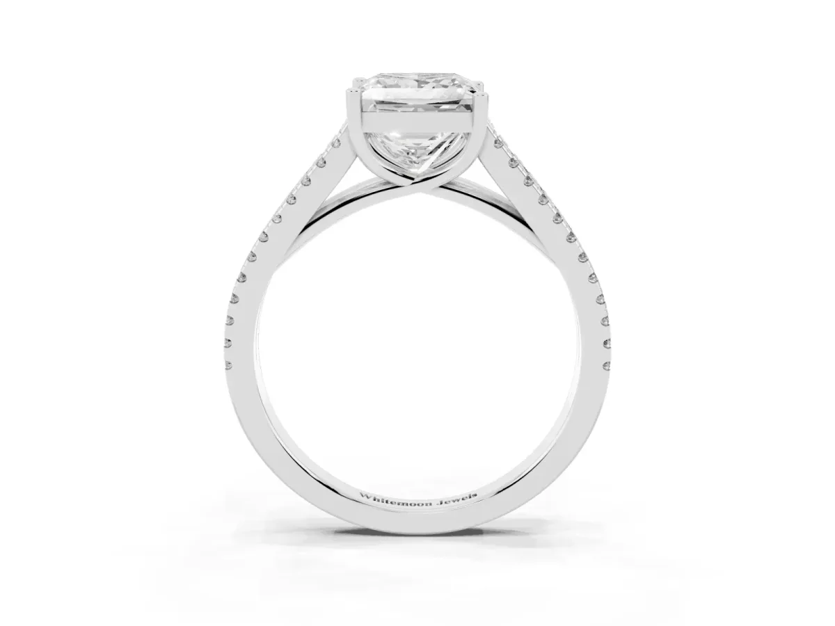 Princess Cut Diamond Solitaire Engagement Ring with Split Shank Pavé Band Silver