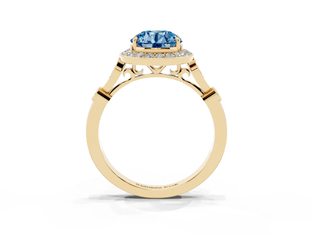 Fancy Blue Round Cut Halo Diamond Engagement Ring with Twisted Band and Four-Prong Setting Yellow gold