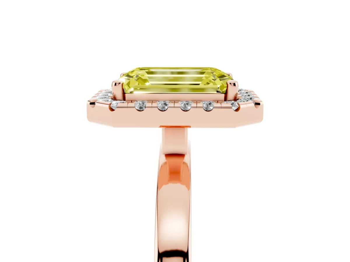 Fancy Yellow Emerald Cut Halo Diamond Solitaire with Pavé Band and Four-Prong Setting Rose gold