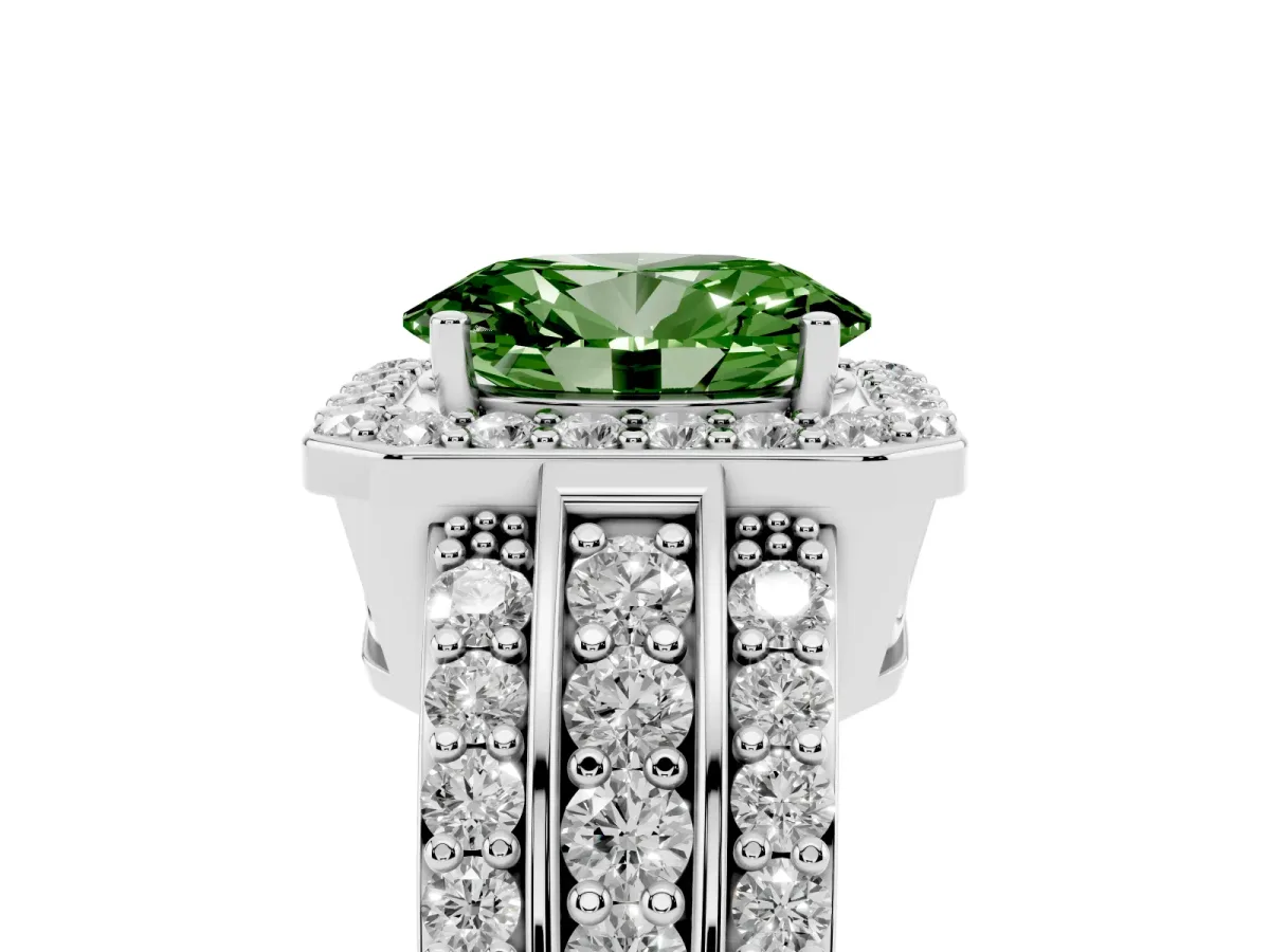Fancy Green Oval Cut Halo Diamond Ring with Round Split Shank and Prong Setting Silver