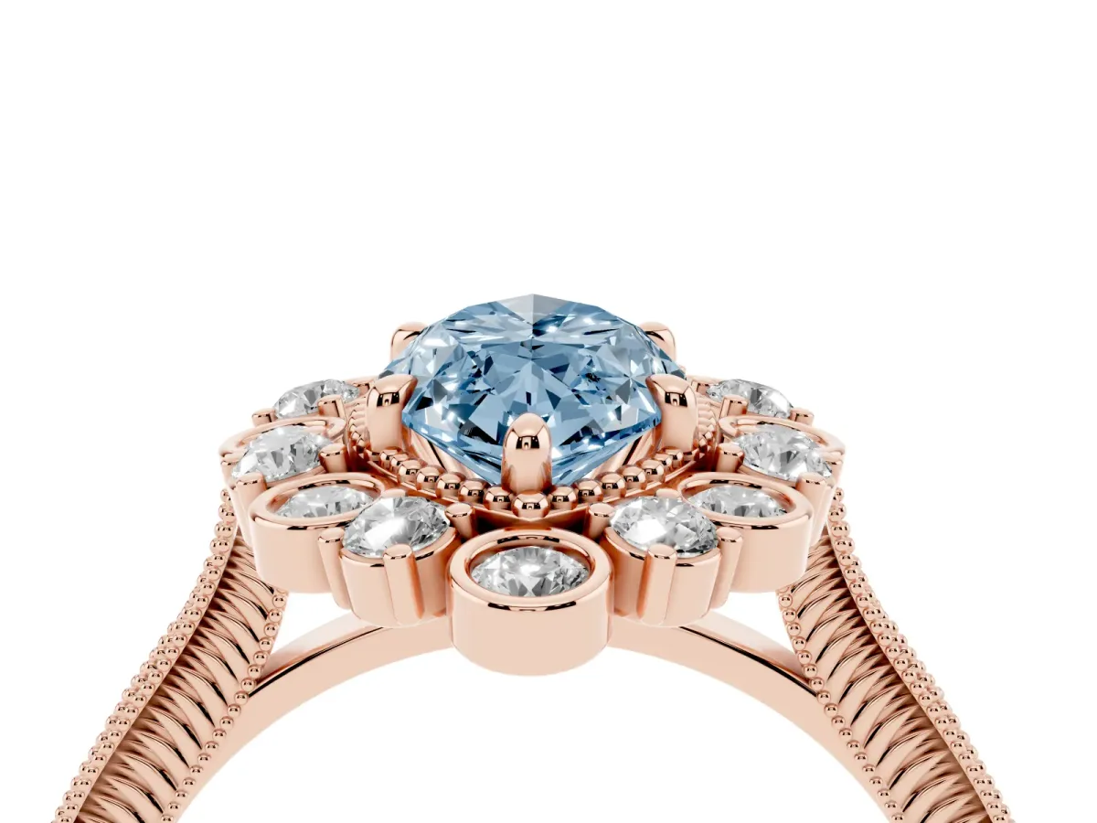 Fancy Blue Marquise Cut Halo Milgrain Pave Diamond Ring with Four-Prong Setting Rose gold