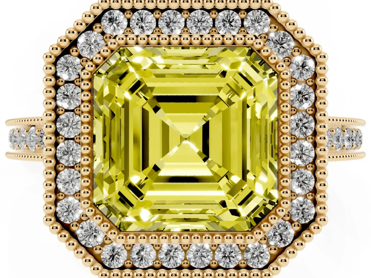 Fancy Yellow Asscher Cut Cut Halo Diamond Ring with Pavé Band and Milgrain Prong Setting Yellow gold