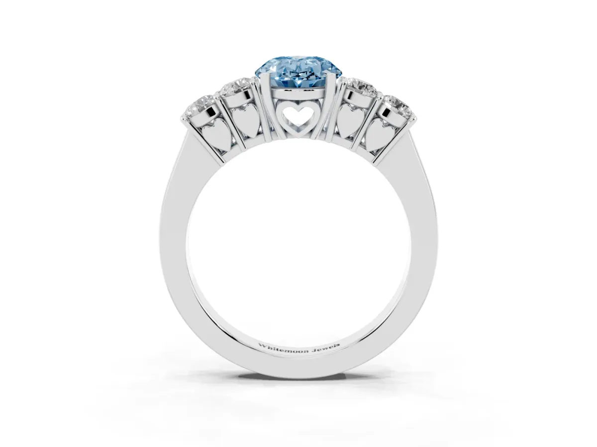 Fancy Blue Oval Cut Cut Diamond Five-Stone Prong Set White Gold Ring Silver