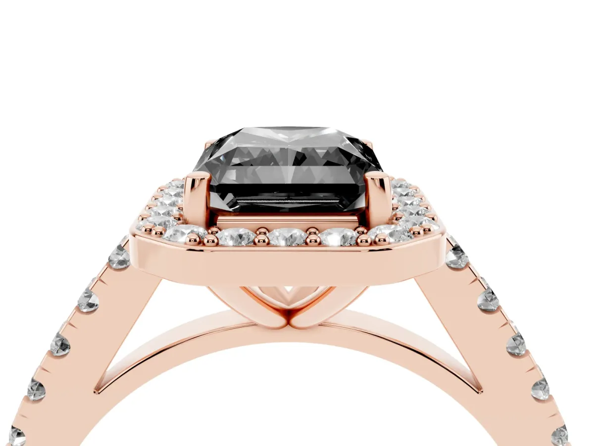 Fancy Black Radiant Cut Diamond Halo Ring with Round Pavé Split Shank and Prong Setting Rose gold