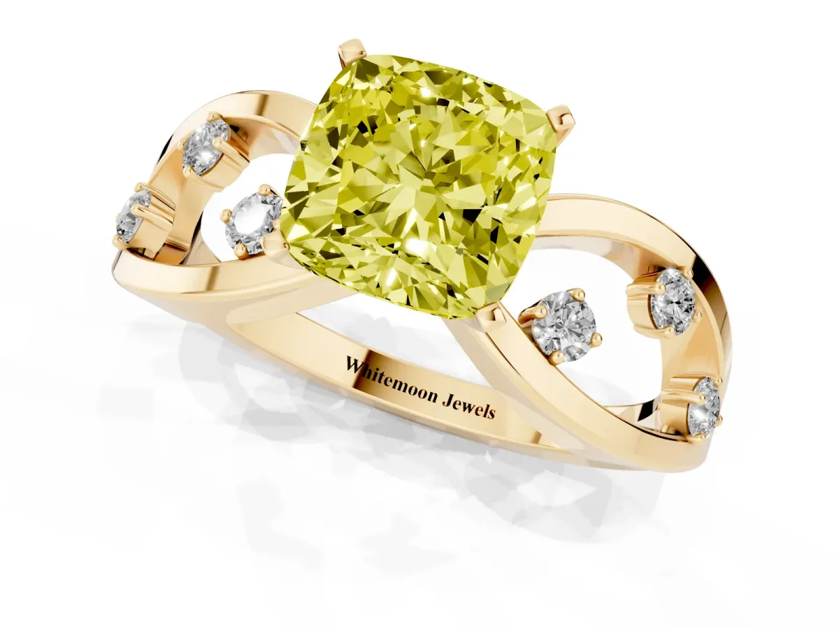Fancy Yellow Cushion Cut Cut Solitaire Diamond with Side Stones on Criss-Cross Band and Four-Prong Setting Yellow gold