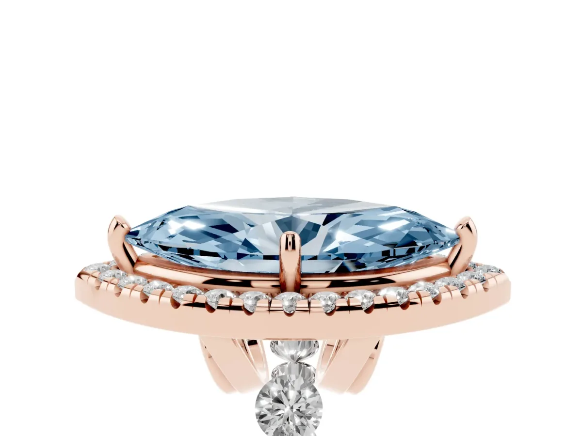 Fancy Blue Marquise Cut Halo Pavé Diamond Engagement Ring with Four-Prong Setting Rose gold