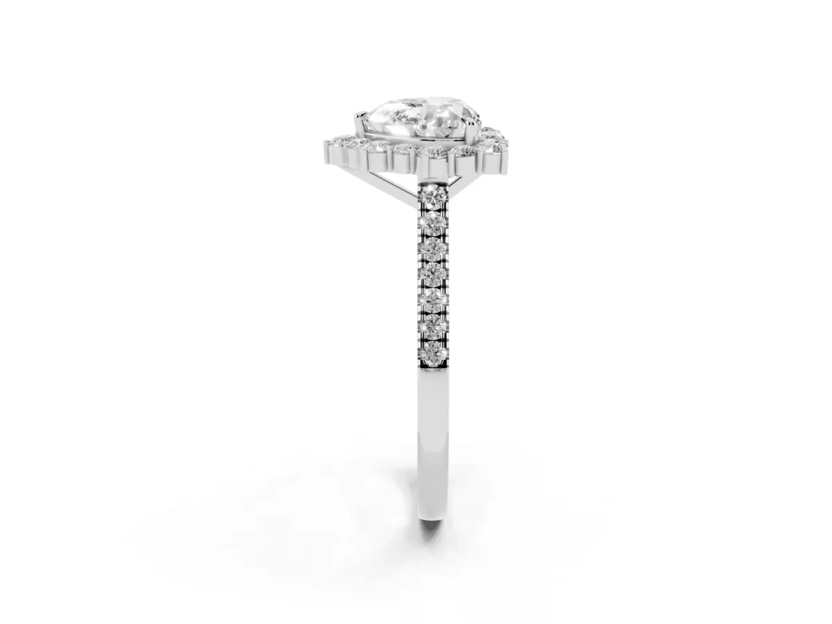 Heart Cut Halo Diamond Ring with Pavé Band and Prong Setting Silver