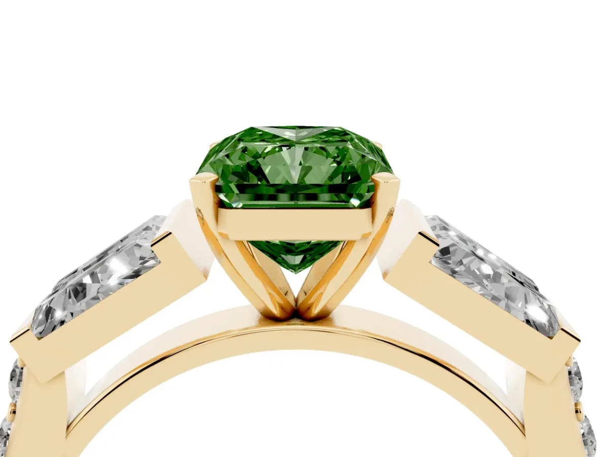 Fancy Green Radiant Cut Diamond Engagement Ring with Baguette Side Stones and Channel Set Band Yellow gold