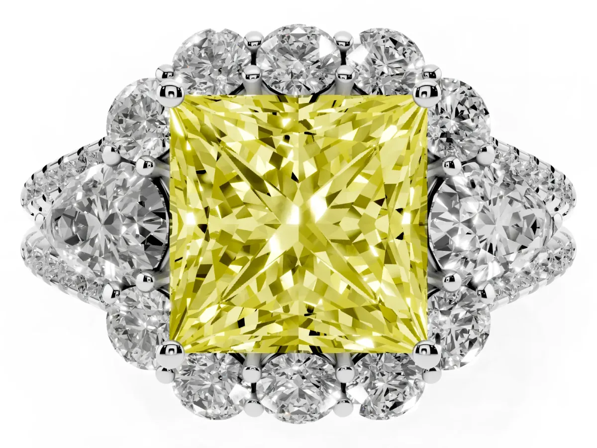 Fancy Yellow Princess Cut Halo Split Shank Diamond Engagement Ring with Prong Setting White gold
