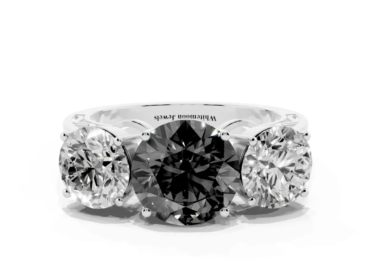 Fancy Black Round Cut Diamond Three-Stone Ring with Prong Setting and Textured Band Silver