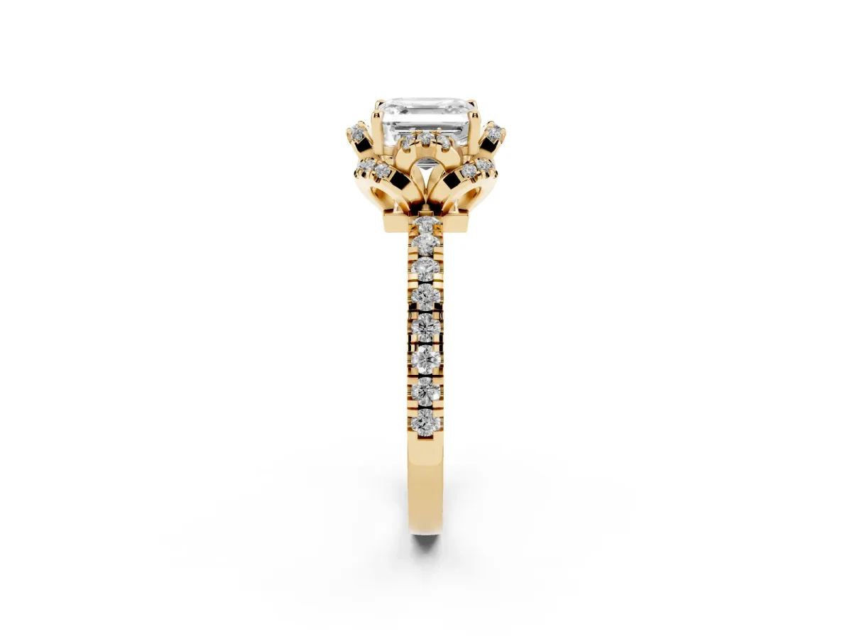 Asscher Cut Diamond Halo Pave Band with Four-Prong Setting Yellow gold