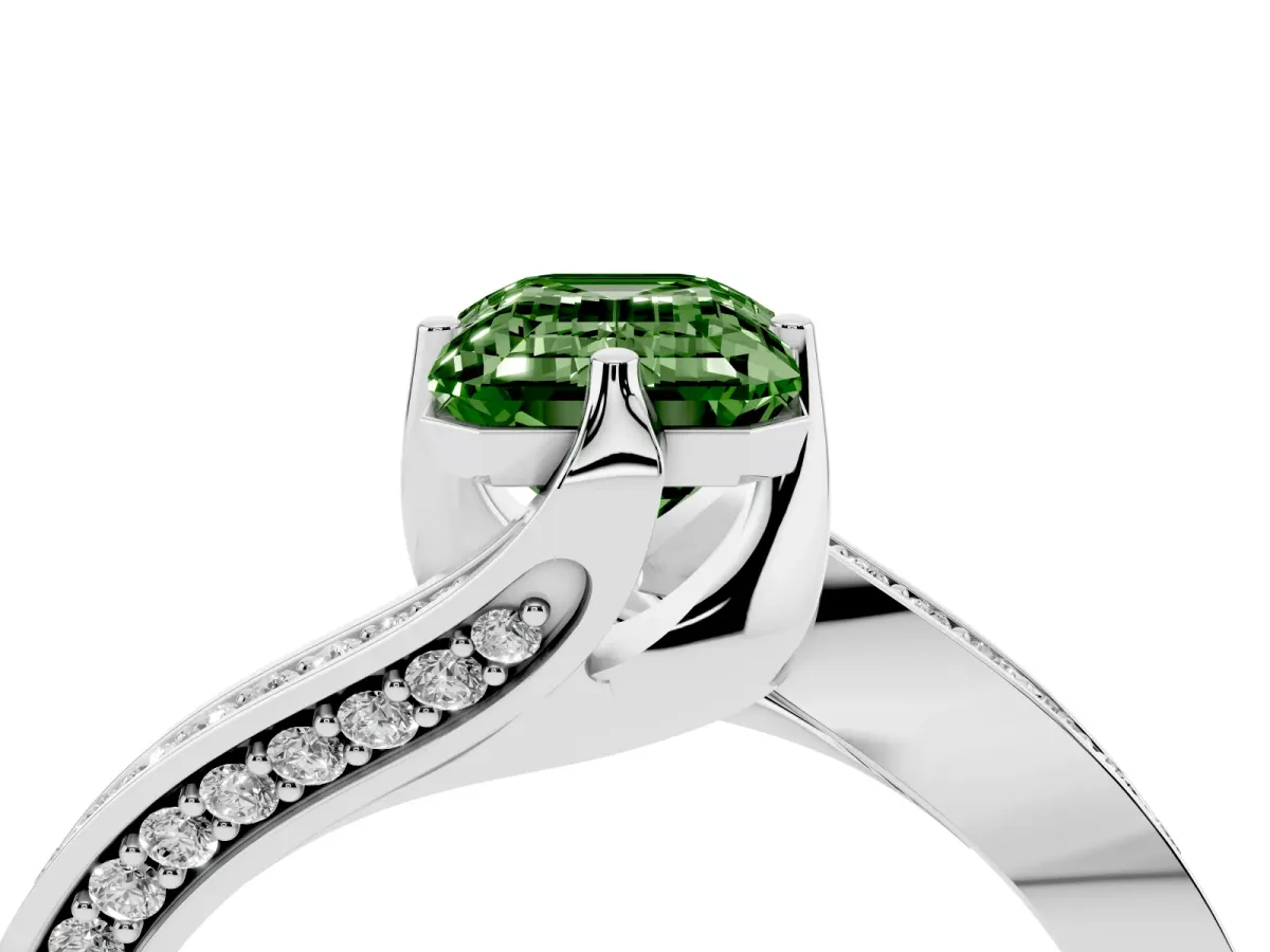 Fancy Green Emerald Cut Solitaire Diamond Twist Band with Pavé Setting and Four-Prong Setting Silver