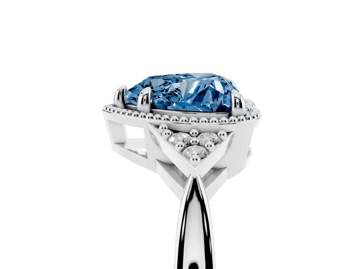 Fancy Blue Heart Cut Diamond Halo Ring with Tapered Band and Four-Prong Setting Platinum