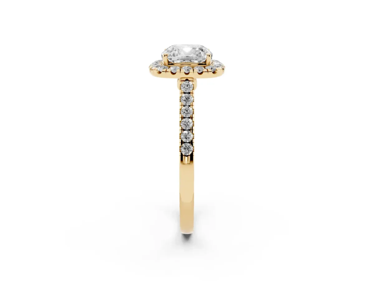 Cushion Cut Halo Pave Diamond Engagement Ring with Four-Prong Setting Yellow gold