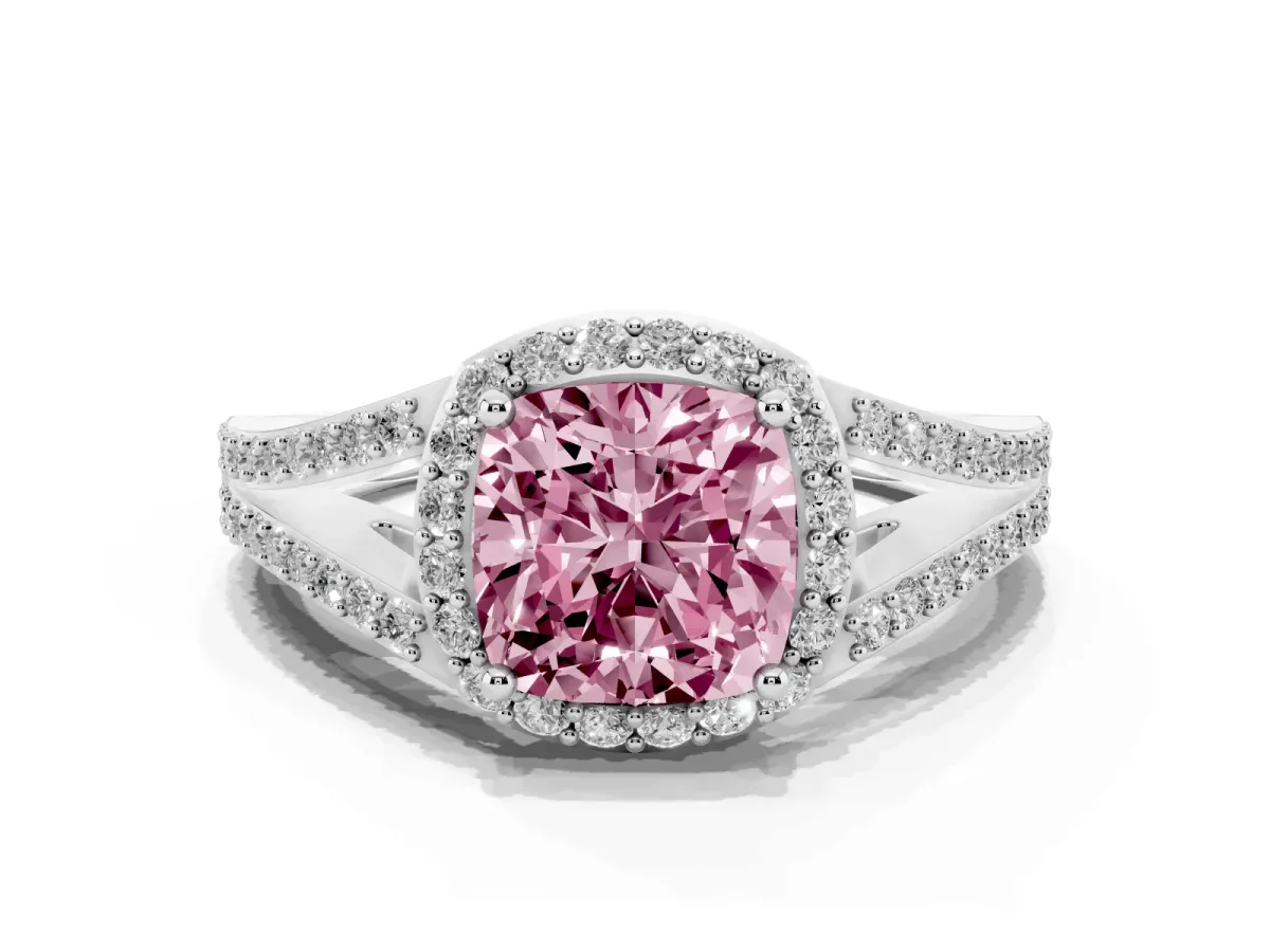 Fancy Pink Cushion Cut Halo Split Shank Pave Diamond Ring with Four-Prong Setting Silver