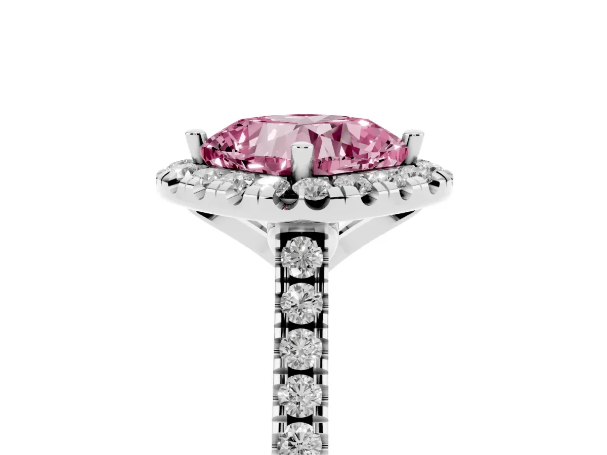 Fancy Pink Cushion Cut Diamond Cushion Halo Ring with Pavé Band Silver