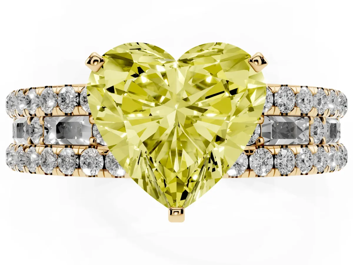Fancy Yellow Heart Cut Diamond Solitaire Ring with Pavé and Channel Set Band Yellow gold