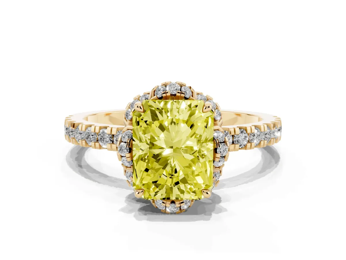 Fancy Yellow Radiant Cut Halo Diamond Pave Band Ring with Four-Prong Setting Yellow gold