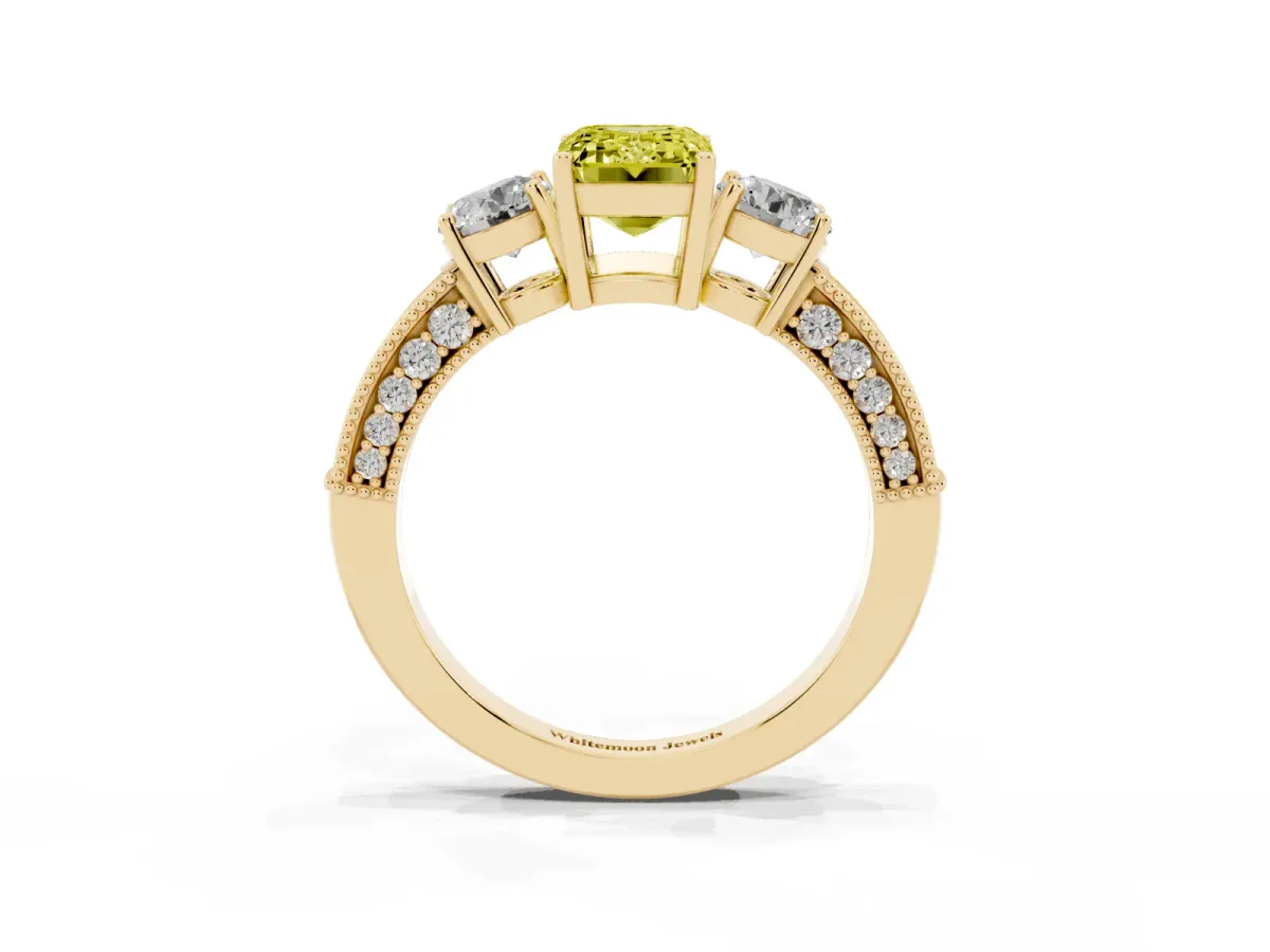 Fancy Yellow Emerald Cut Three-Stone Diamond Ring with Pavé Band and Four-Prong Setting Yellow gold