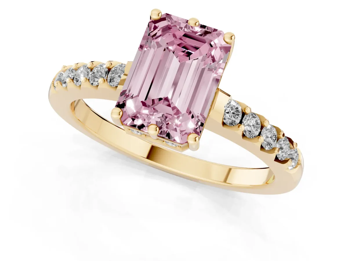 Fancy Pink Emerald Cut Solitaire Diamond Engagement Ring with Pavé Band and Six-Prong Setting Yellow gold