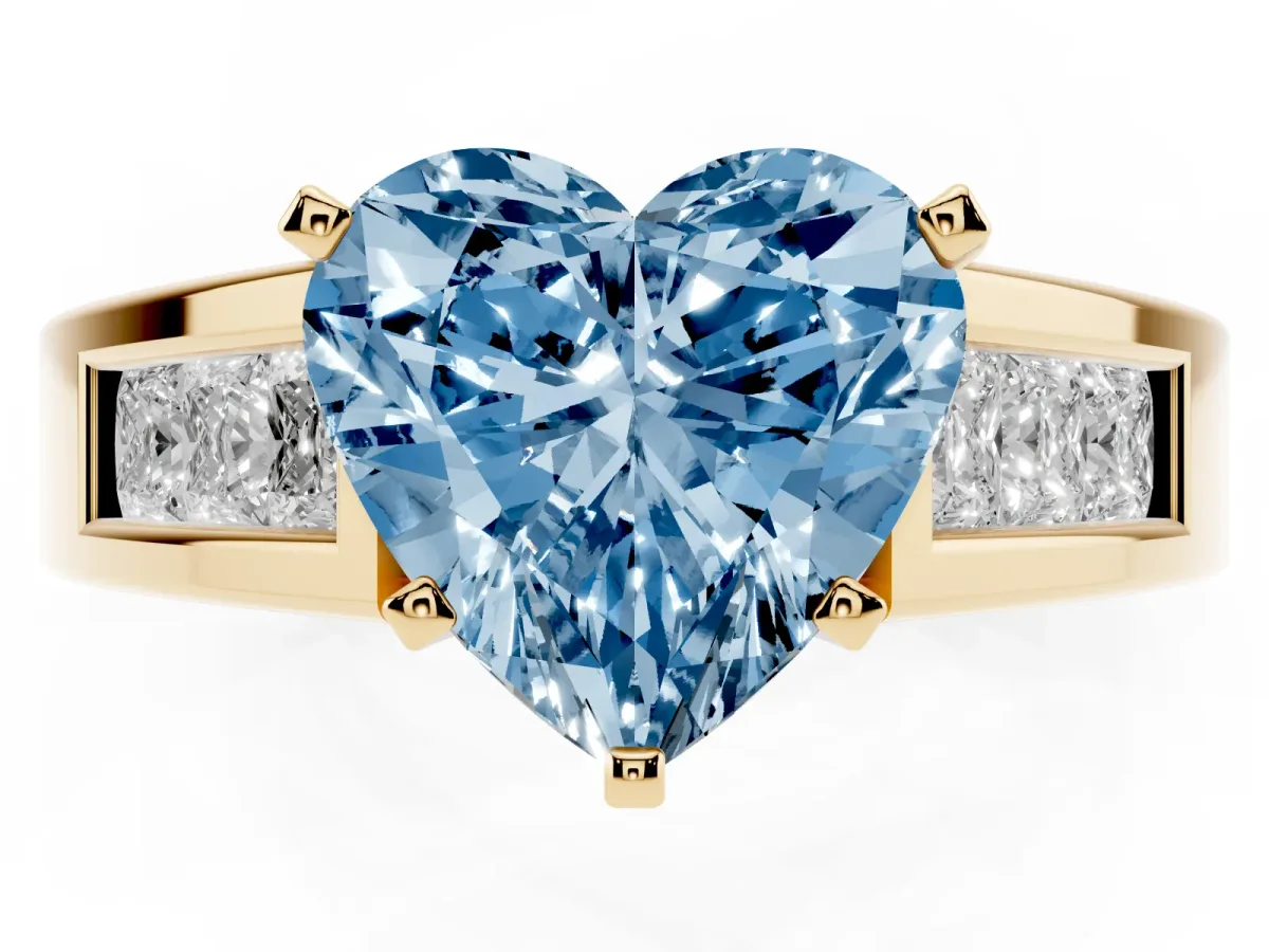 Fancy Blue Heart Cut Cut Channel Set Solitaire Ring with Four-Prong Setting Yellow gold