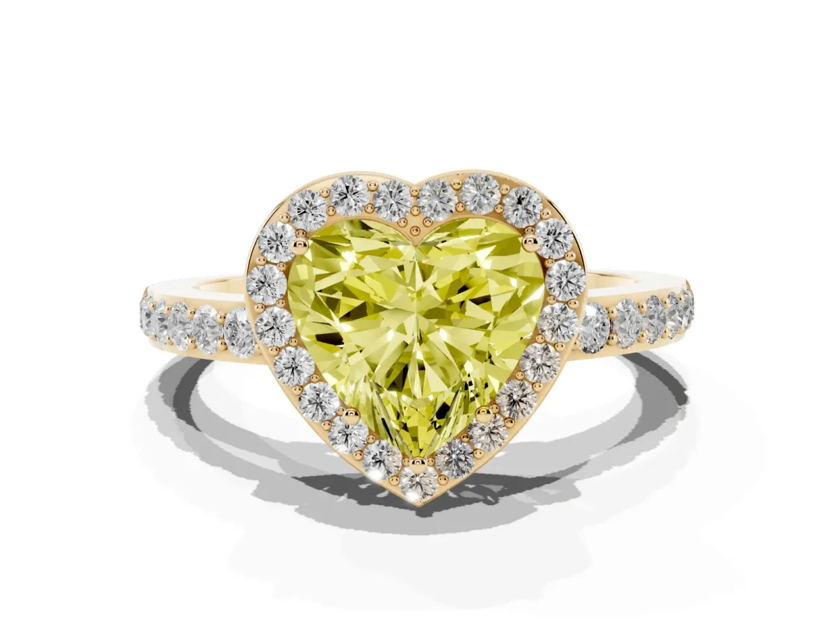 Fancy Yellow Heart Cut Halo Diamond Pavé Band Ring with Prong Setting Yellow gold