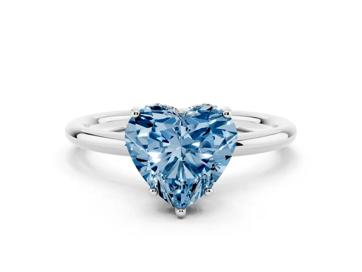 Fancy Blue Heart Cut Solitaire Diamond Ring with a Classic Band and Four-Prong Setting Silver