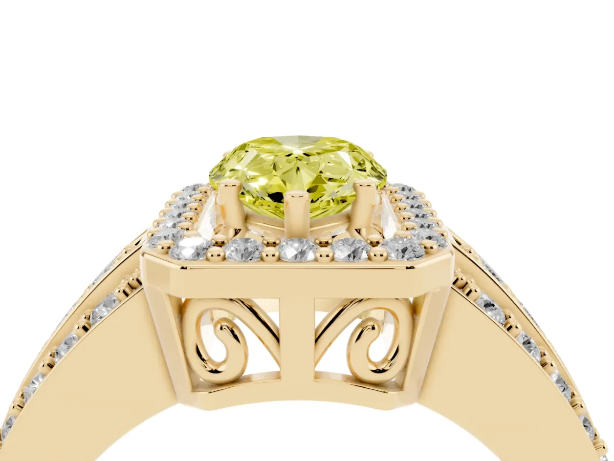 Fancy Yellow Pear Cut Halo Diamond Ring with Round Split Shank and Prong Setting Yellow gold