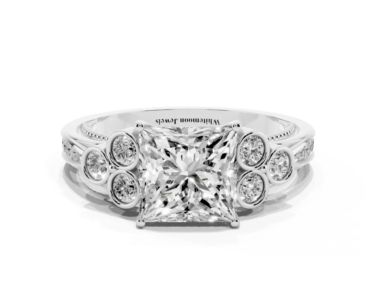 Princess Cut Cut Diamond Engagement Ring with Bezel Set Round Side Stones and Prong Setting Platinum