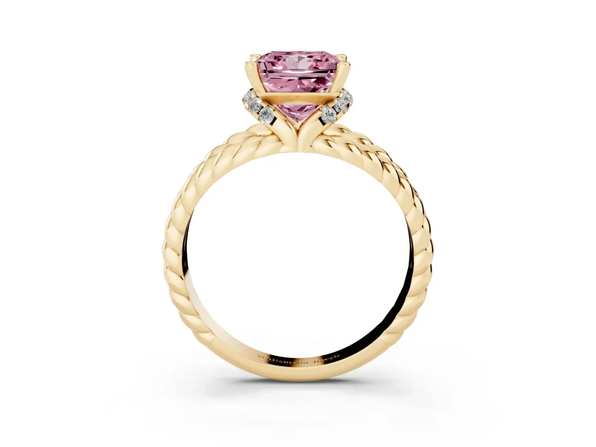 Fancy Pink Princess Cut Halo Twisted Band Four-Prong Ring Yellow gold