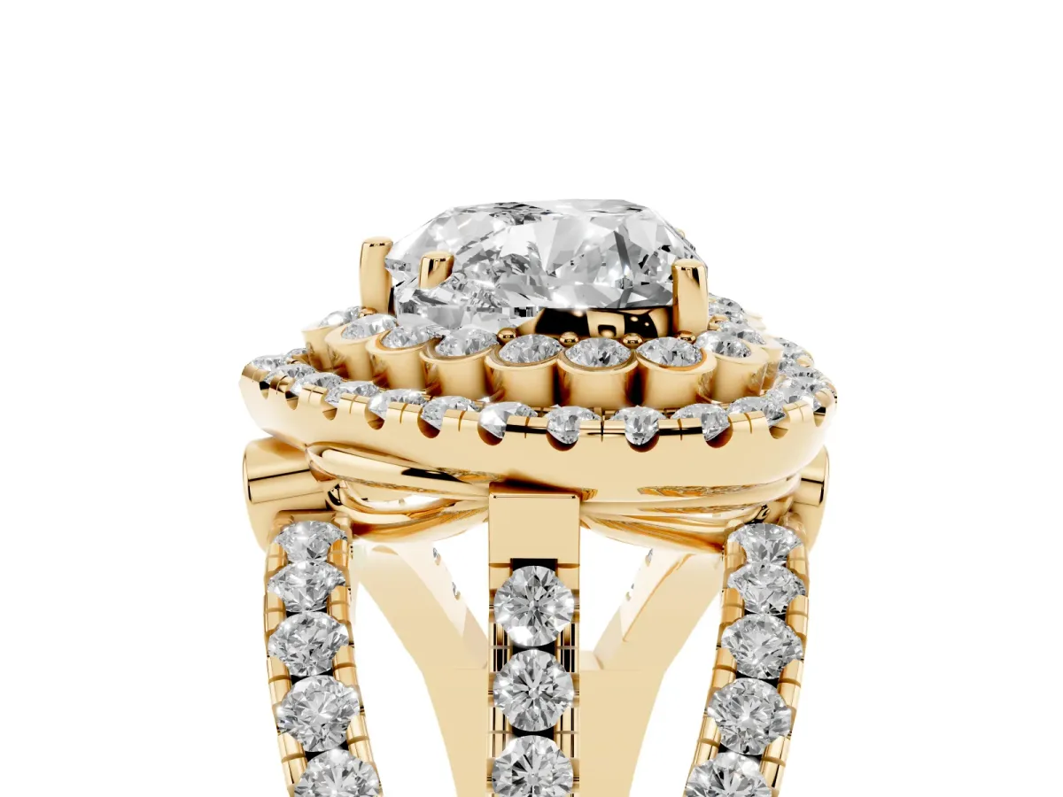 Heart Cut Diamond Double Halo Ring with Round Pavé Split Shank and Prong Setting Yellow gold