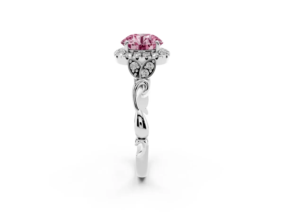 Fancy Pink Round Cut Halo Diamond Engagement Ring with Vintage-Inspired Band and Four-Prong Setting Silver
