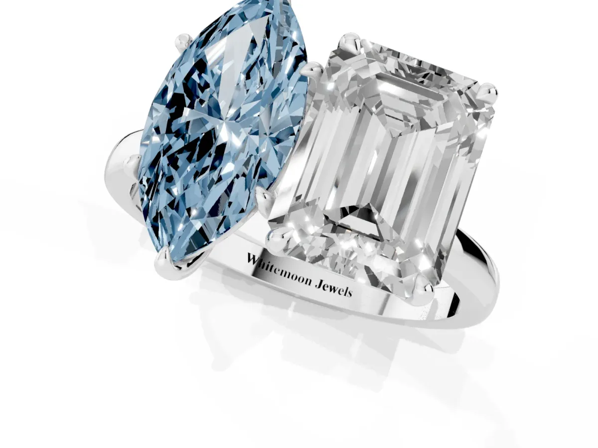 Fancy Blue Marquise Cut and Emerald Cut Toi Moi Ring with Prong Setting Silver