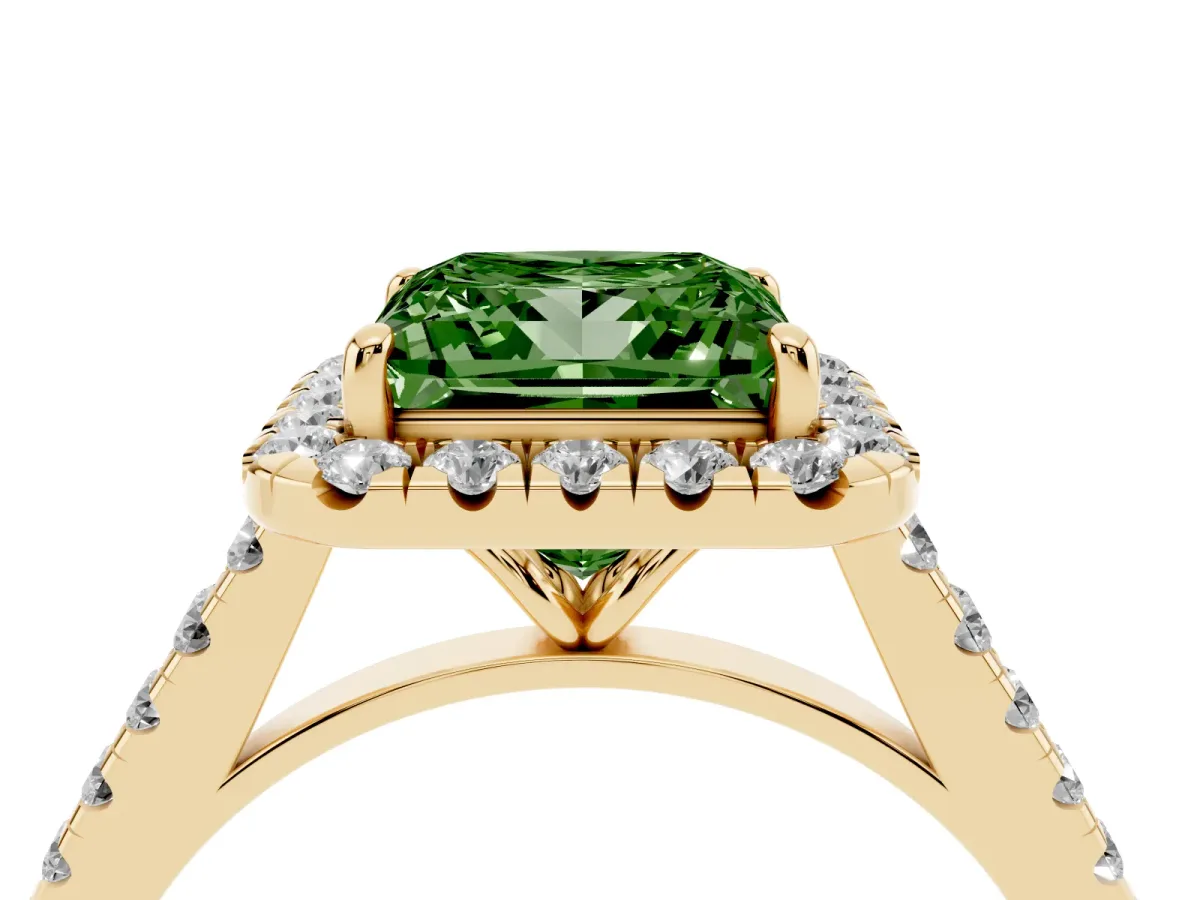 Fancy Green Princess Cut Halo Pave Diamond Engagement Ring with Four-Prong Setting Yellow gold