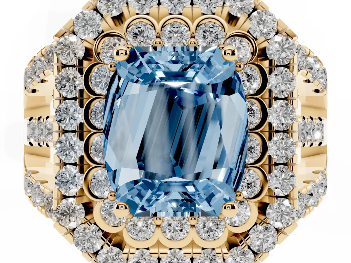 Fancy Blue Emerald Cut Diamond Double Halo Ring with Round Pavé Split Shank and Prong Setting Yellow gold