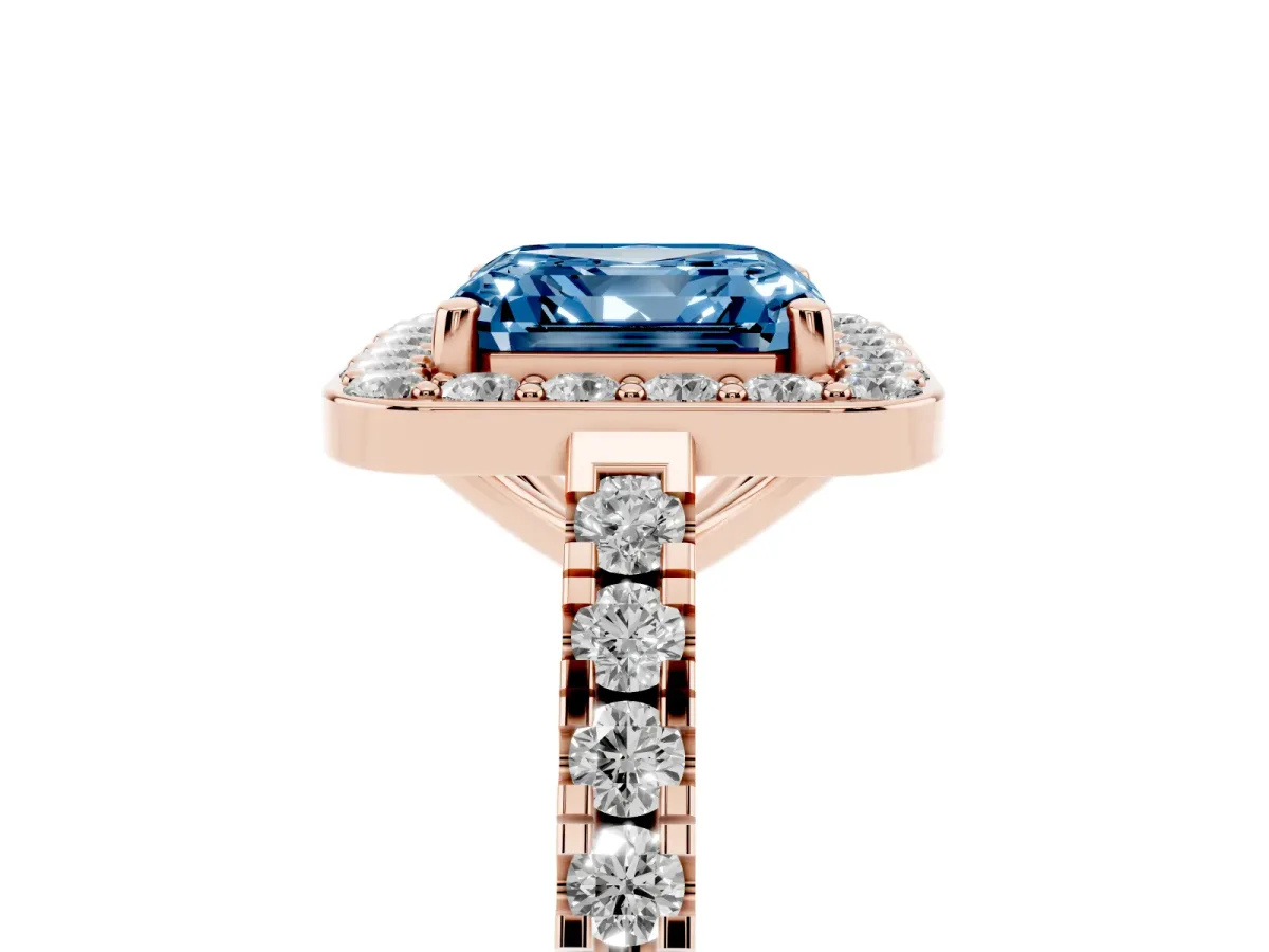 Fancy Blue Asscher Cut Diamond Halo Ring with Round Pavé Split Shank and Prong Setting Rose gold