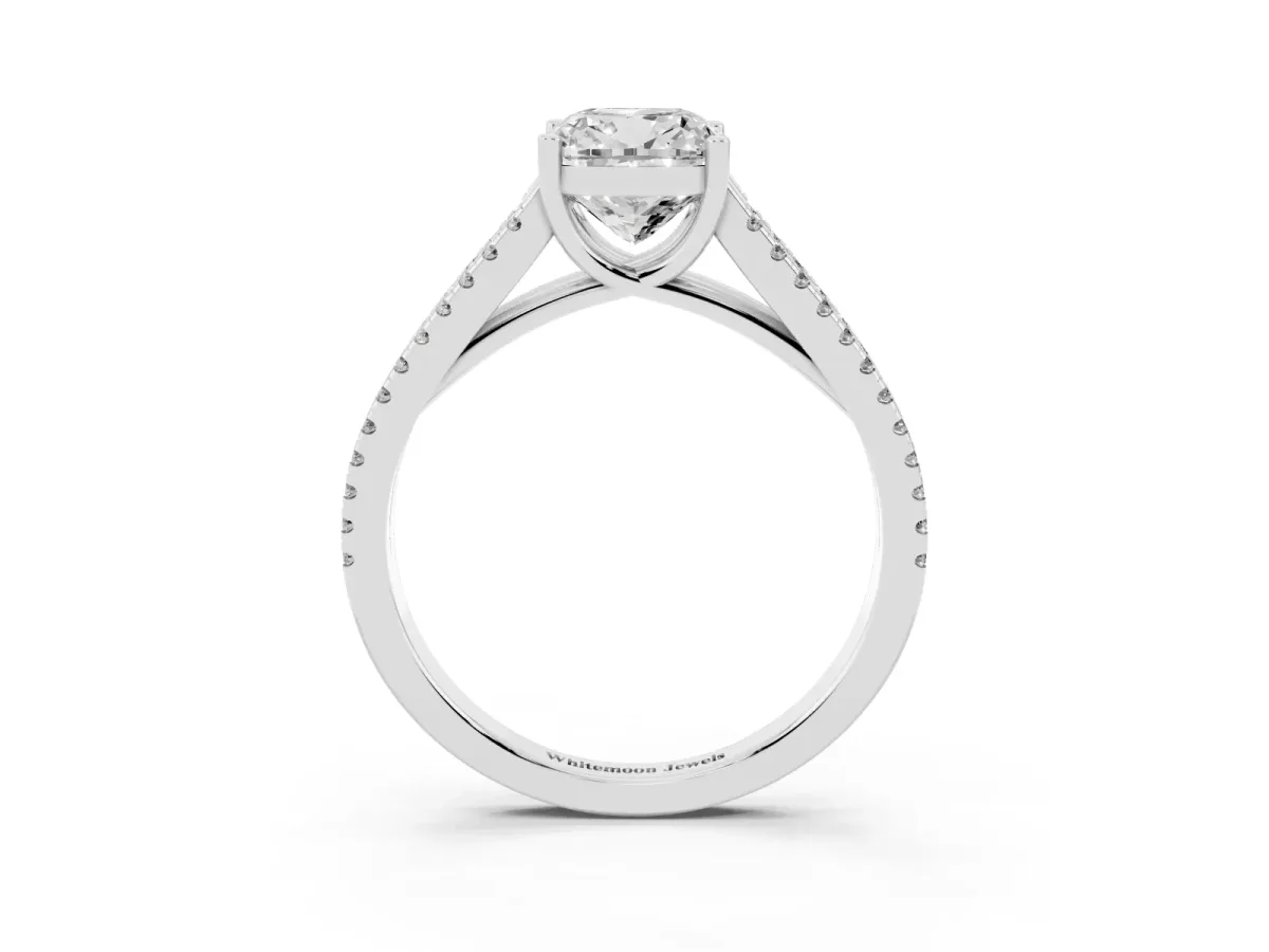 Cushion Cut Diamond Solitaire Engagement Ring with Split Shank Pavé Band Silver