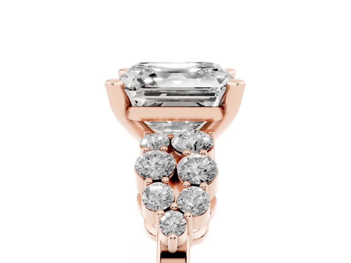 Asscher Cut Cluster Diamond Engagement Ring with Pavé Band and Four-Prong Setting Rose gold