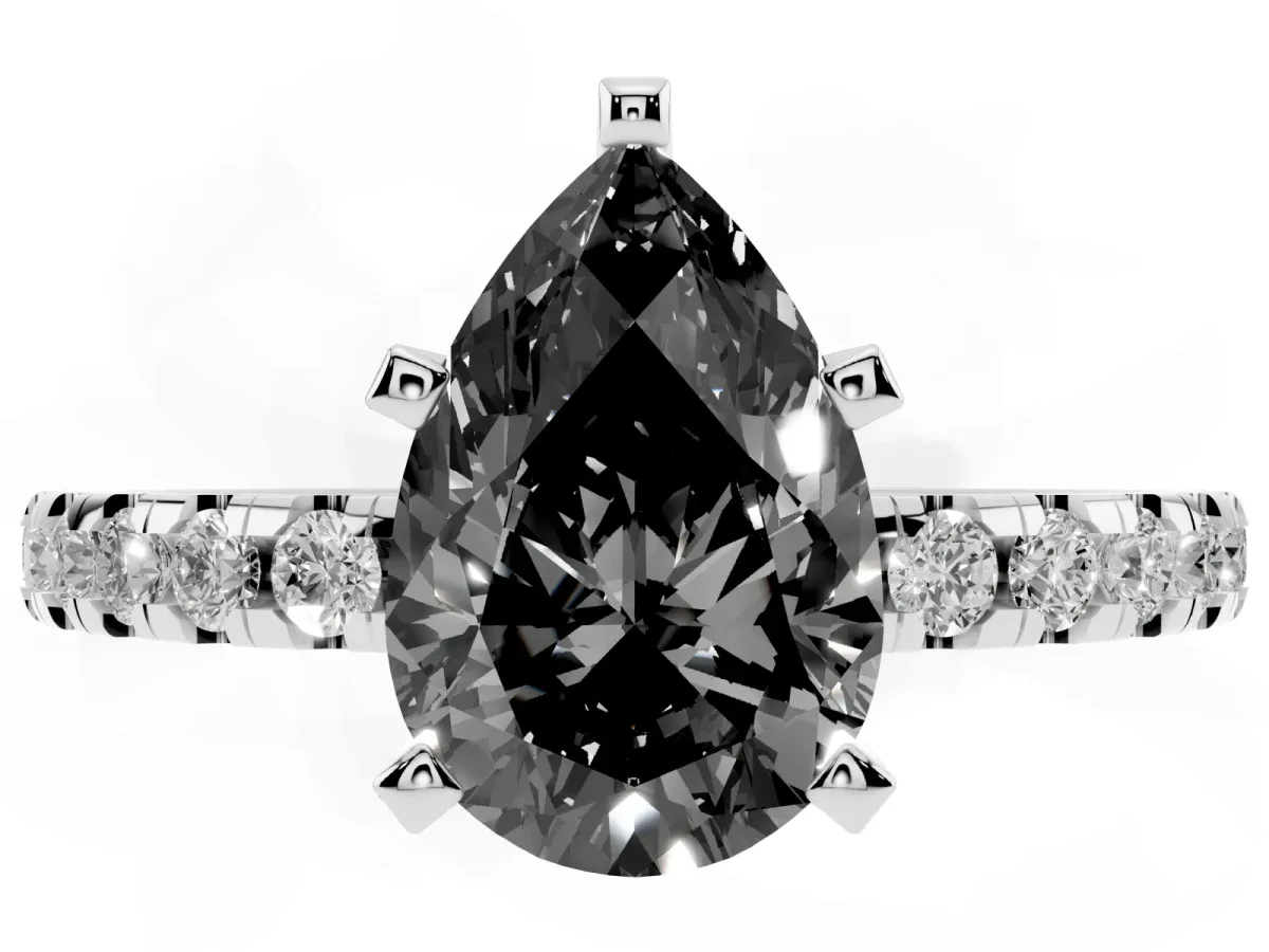 Fancy Black Pear Cut Diamond Solitaire Ring with Round Pavé Band and Four-Prong Setting Silver