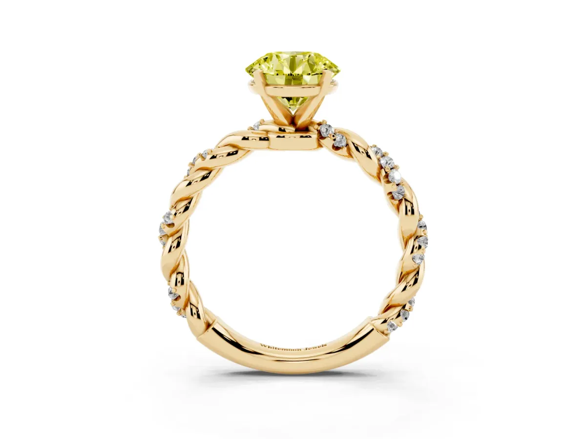 Fancy Yellow Round Cut Diamond Solitaire Ring with Twisted Band and Pavé Accents Yellow gold