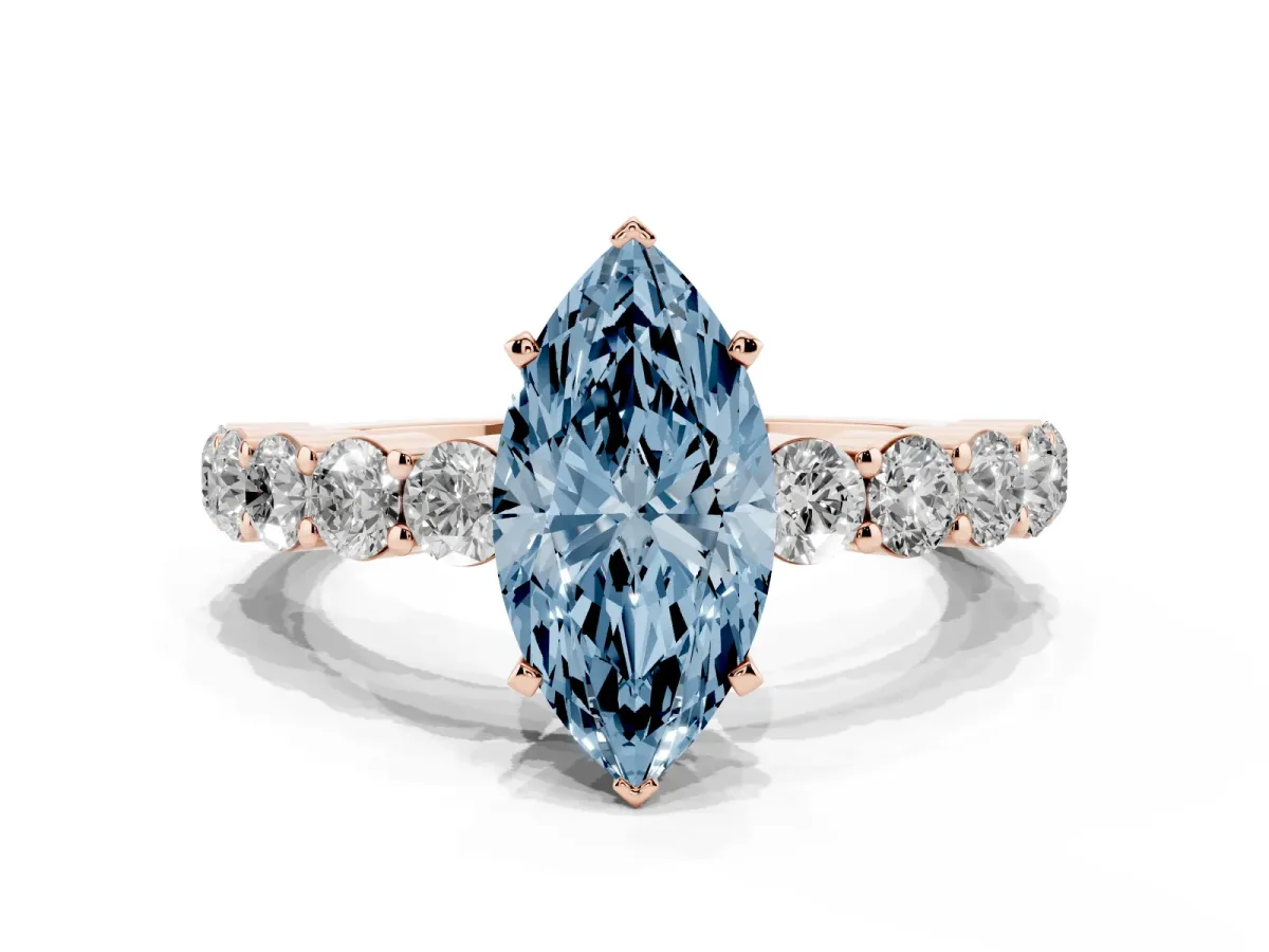Fancy Blue Marquise Cut Diamond Solitaire Ring with Shared Prong Round Side Stones Rose gold