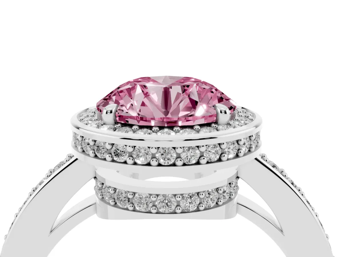 Fancy Pink Round Cut Halo Pave Band Solitaire Ring with Prong Setting Silver