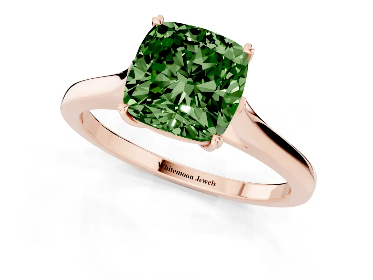 Fancy Green Cushion Cut Solitaire Heart Prong Engagement Ring with Tapered Band Rose gold