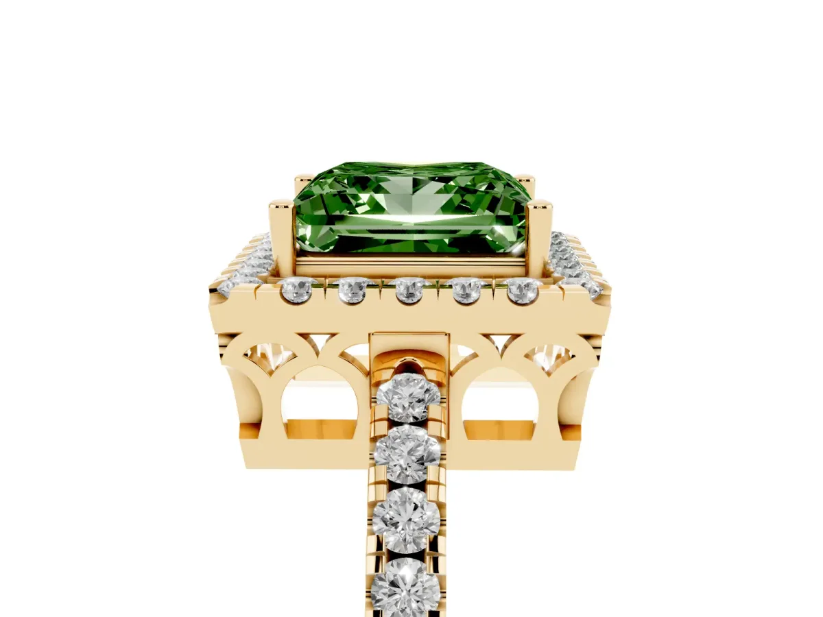 Fancy Green Princess Cut Halo Diamond Engagement Ring with Pavé Band and Four-Prong Setting Yellow gold