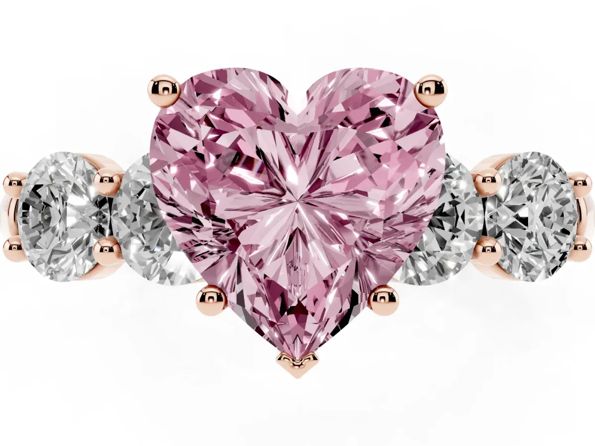 Fancy Pink Heart Cut Cut Five-Stone Prong Set Diamond Ring with Classic Band Rose gold